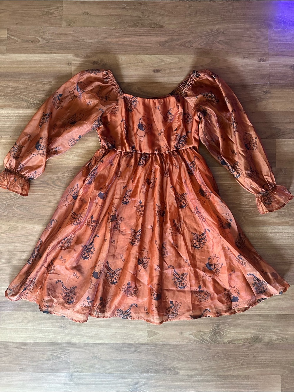 Women's Orange Disney Winnie The Pooh Halloween Midi Dress with Puff Sleeves